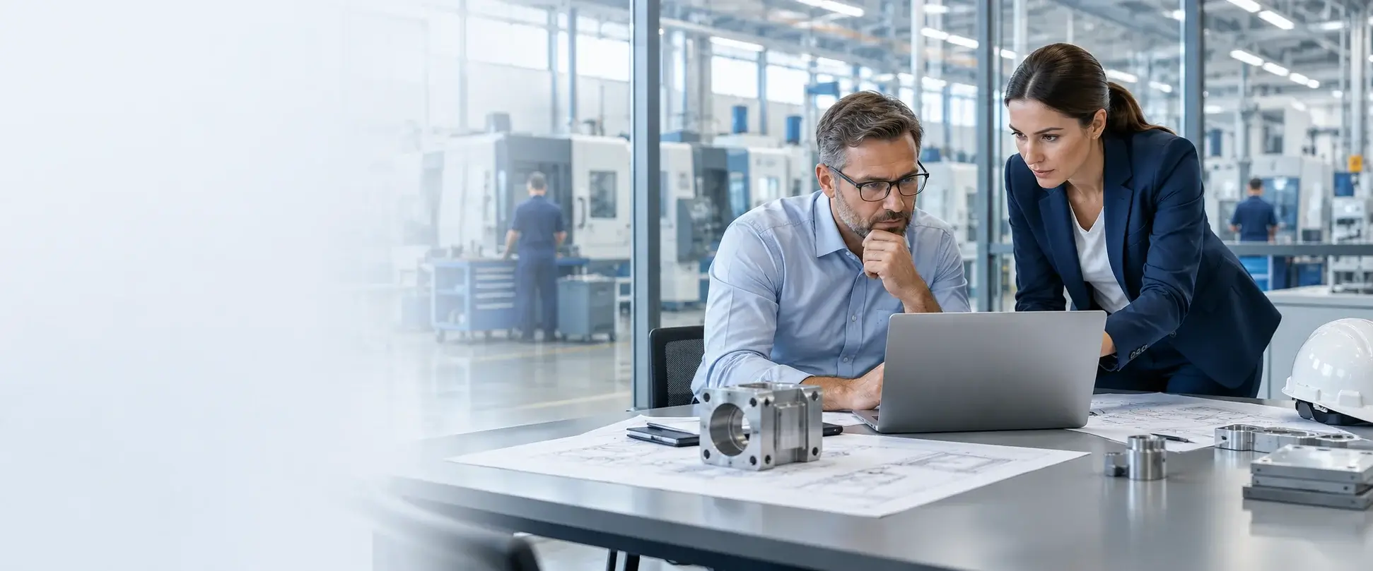 An engineer and a sales lead reviewing enquiry data on a laptop in a manufacturing facility