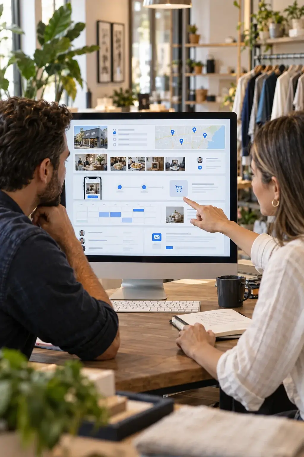A local business owner and a consultant reviewing a multi-location local SEO and social plan on a monitor