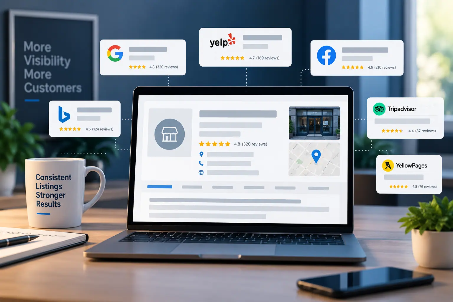 A business listing on a laptop surrounded by matching Google, Yelp, Facebook and directory profiles with consistent details and reviews