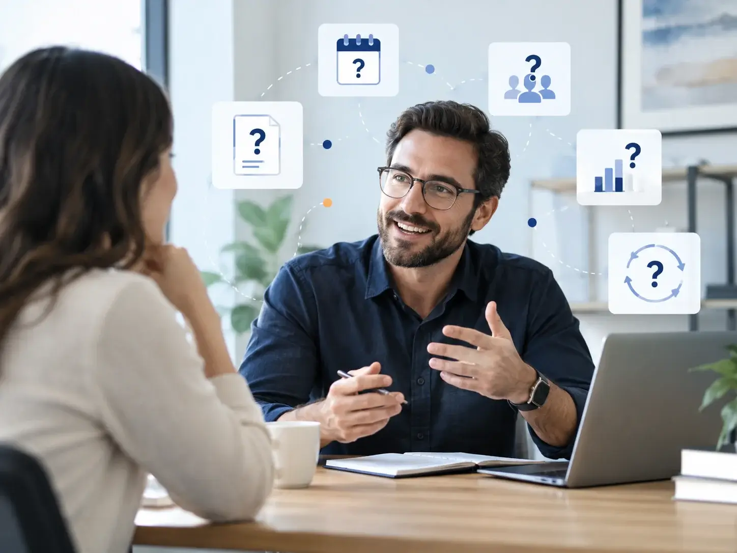 An advisor answering a client's questions about content marketing, with floating question-mark cards for calendar, audience and results