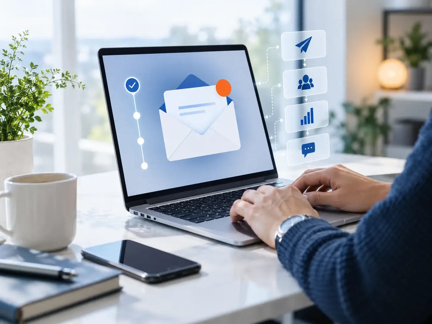 A marketer building an email campaign on a laptop, with a newsletter layout, an automation flow and open-and-click charts beside the screen