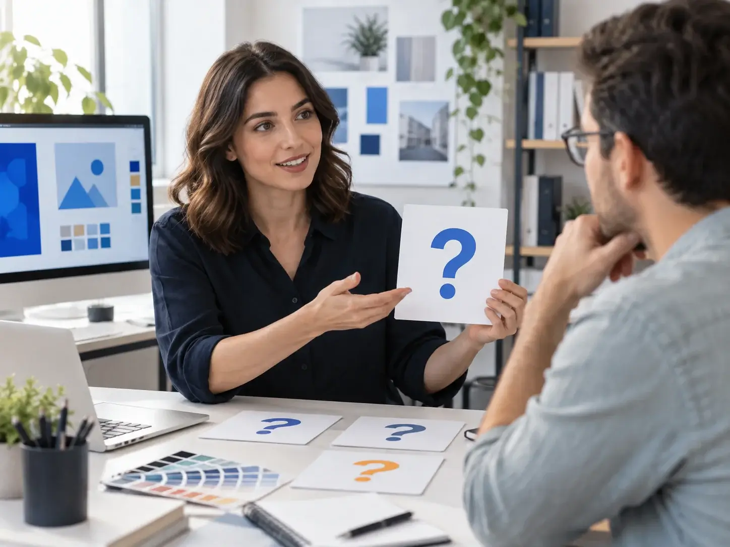 An advisor answering a client's questions about graphic design, with floating question-mark cards for scope, file formats and revisions