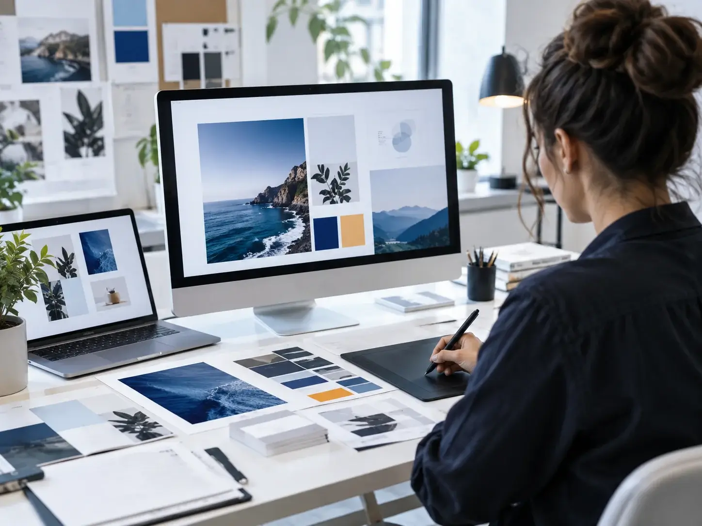 A designer working on a brand layout with a stylus and tablet, colour swatches and printed mockups on the desk and a mood board behind