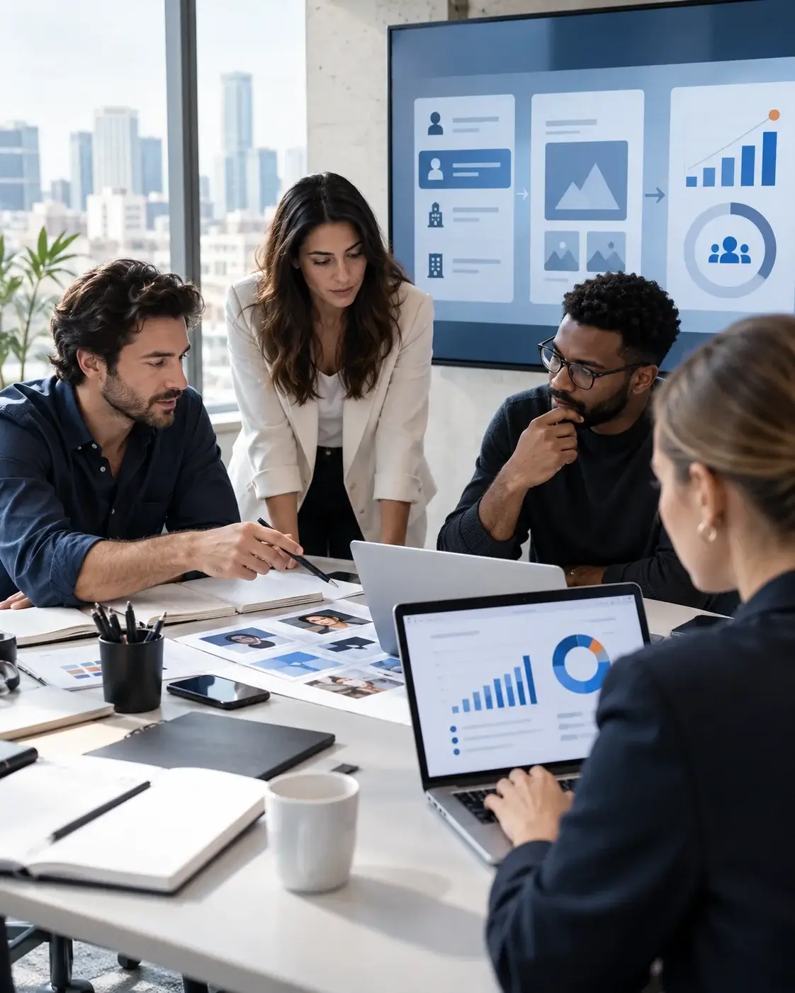 A team planning a LinkedIn Ads campaign at a wall screen (audience targeting, ad creative and a results chart) with notes on the table