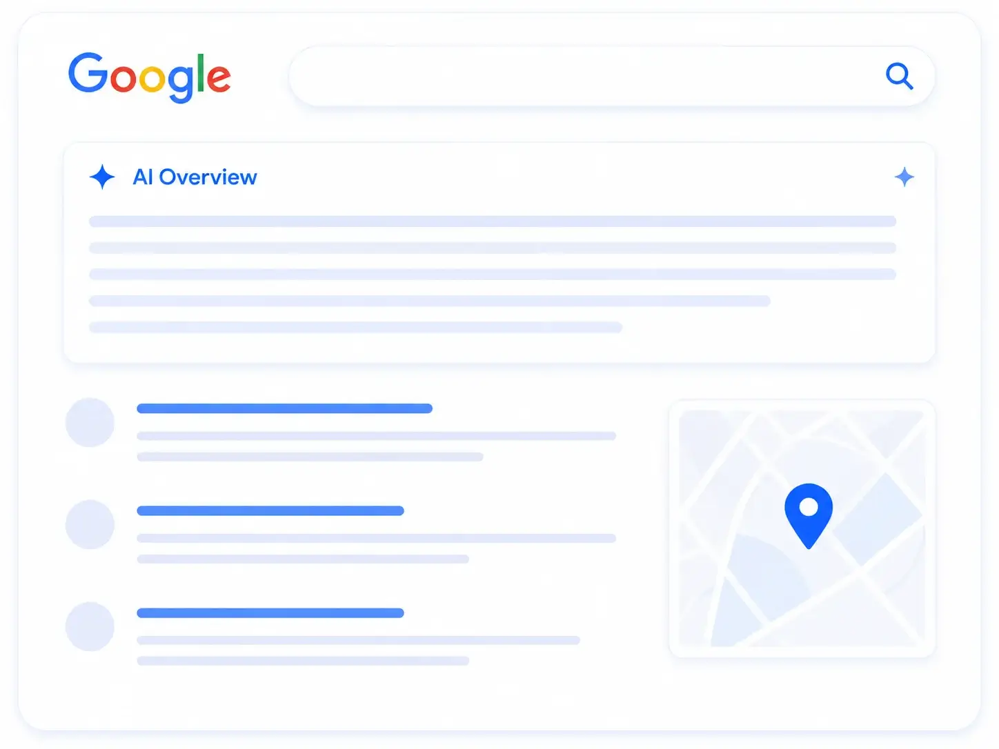 A Google search results page showing an AI Overview, organic listings and a local map pack