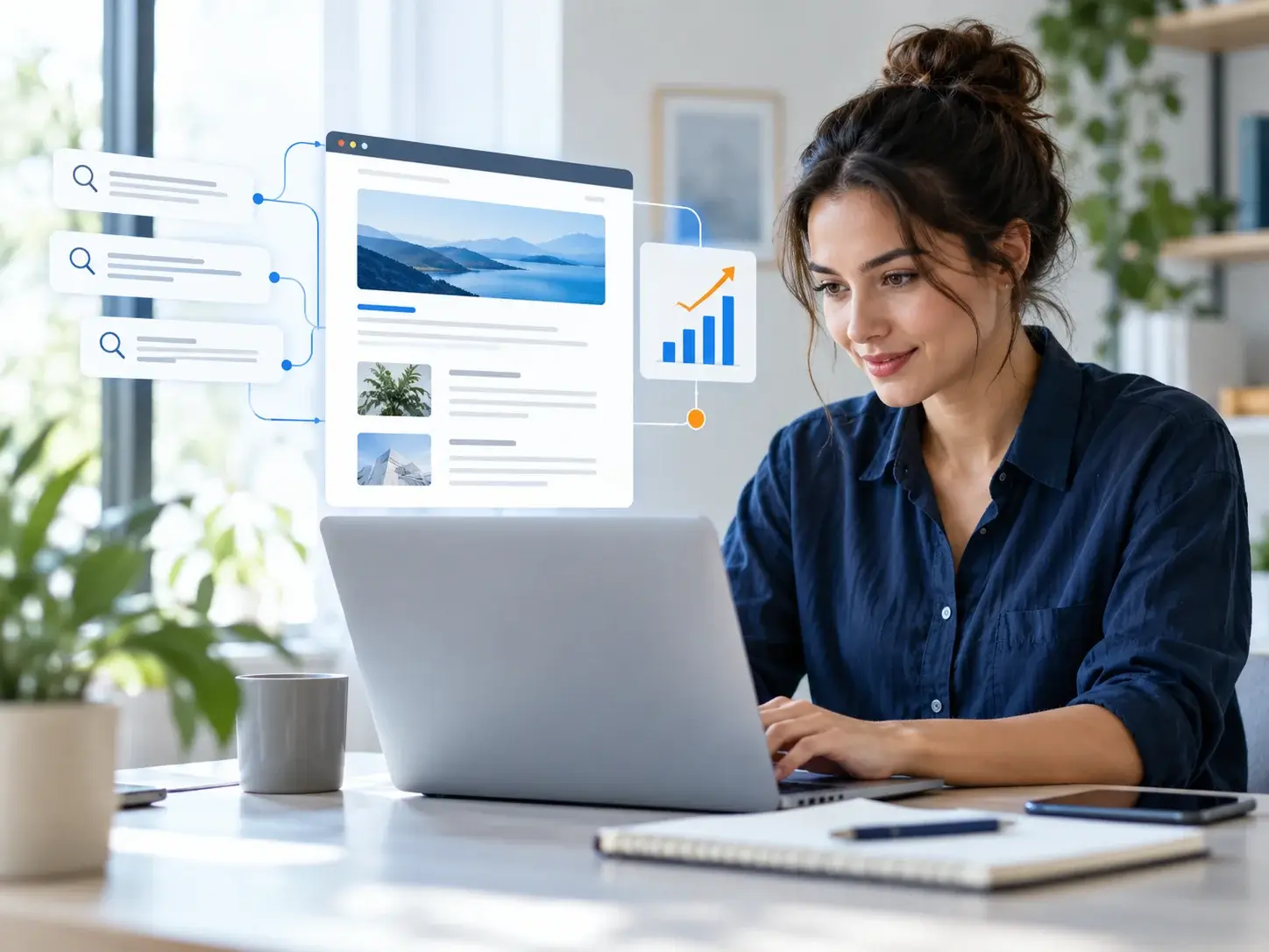 A writer optimising a web page on a laptop (headings, keywords and internal links) with a search-ranking chart floating beside the screen