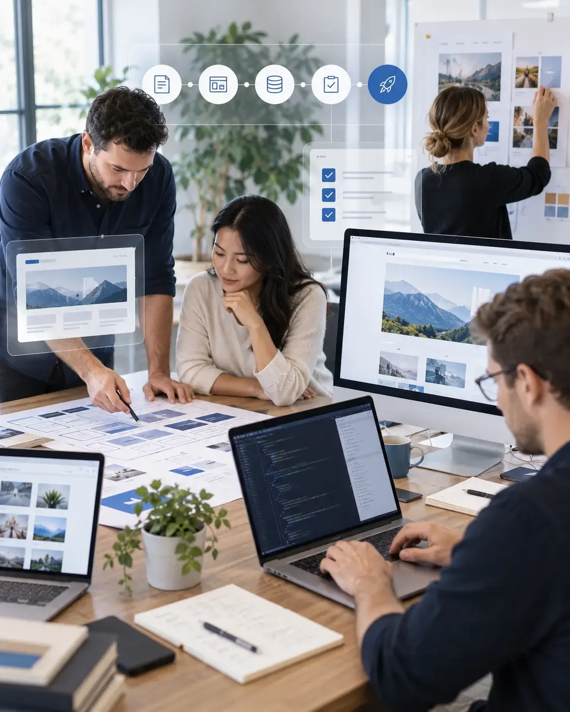A team reviewing a WordPress build at a screen, a build-and-launch step flow and the site preview, with notes on the table